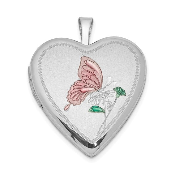 Sterling Silver Rhodium-plated 20mm Enameled Butterfly Heart Locket