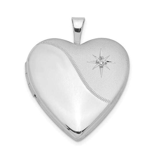 Sterling Silver Rhodium-plated Diamond Star Satin/Polished Heart Locket