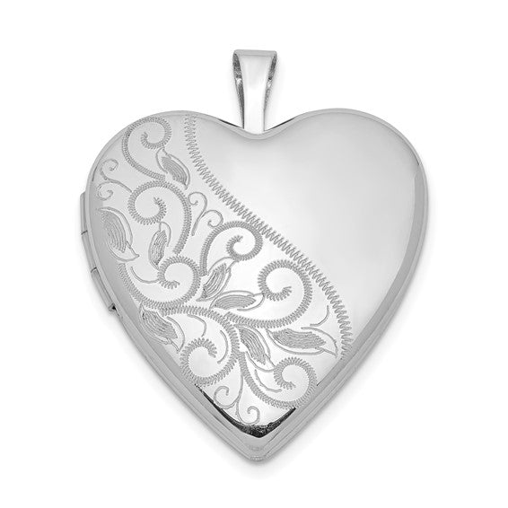 Sterling Silver Rhodium-plated 20mm Swirl and Polished Heart Locket