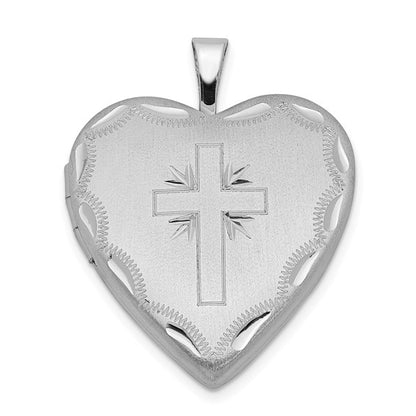 Sterling Silver Rhodium-plated 20mm Satin and D/C Cross Heart Locket