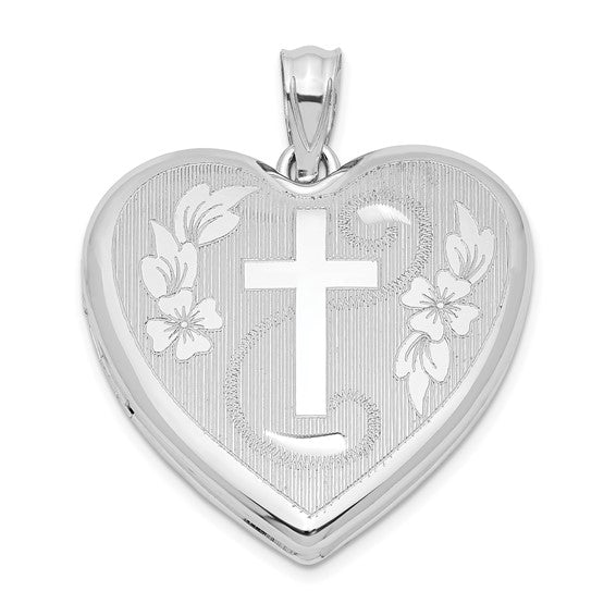 Sterling Silver Rhodium-plated 24mm D/C Cross Heart Locket