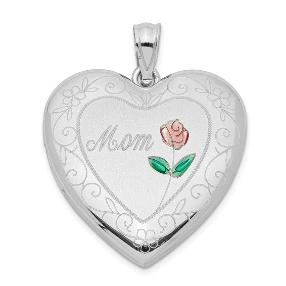 Sterling Silver Rhodium-plated 24mm Enameled D/C Mom Heart Locket