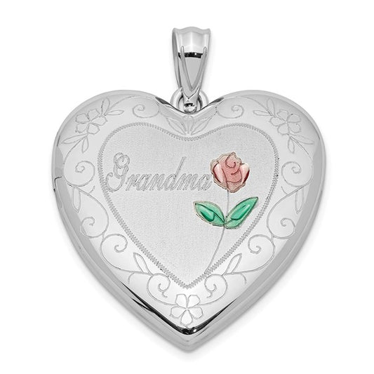 Sterling Silver Rhodium-plated 24mm Enameled and D/C Grandma Heart Locket