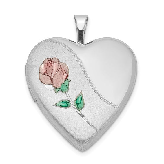 Sterling Silver Rhod-plated 20mm Satin, Enamel, D/C Floral Heart Locket