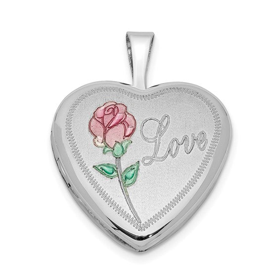 Sterling Silver Rhodium-plated 16mm Enameled and D/C Love Heart Locket