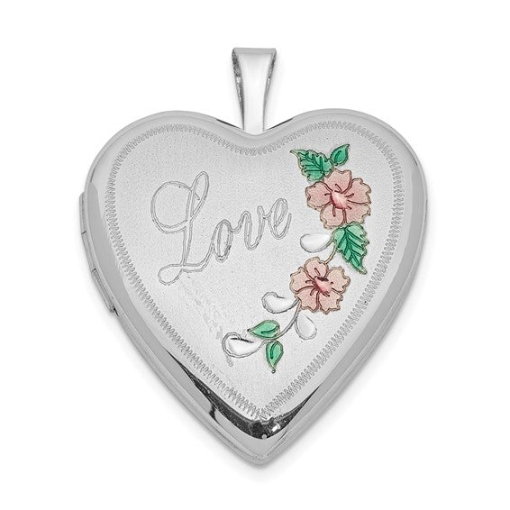 Sterling Silver Rhodium-plated 20mm D/C and Enameled Love Heart Locket