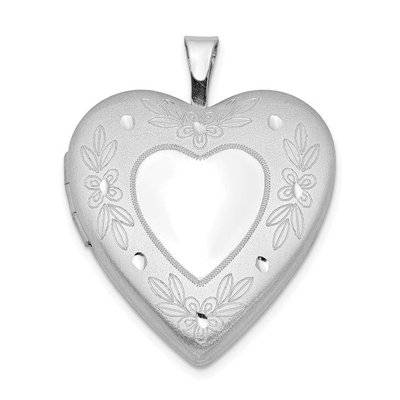 Sterling Silver Rhodium-plated 20mm Floral Border Heart Locket