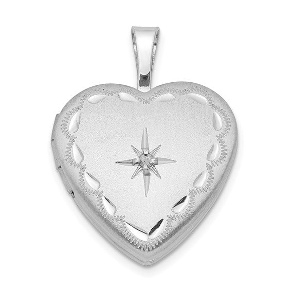 Sterling Silver Rhodium-plated Satin and D/C Diamond Star Heart Locket