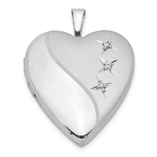 Sterling Silver Rhodium-plated Polished and Satin Diamond 20mm Heart Locket