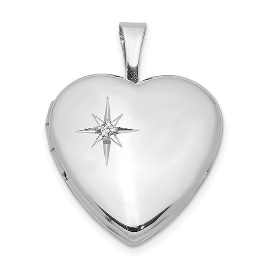 Sterling Silver Rhodium-plated Polished Diamond Star 16mm Heart Locket