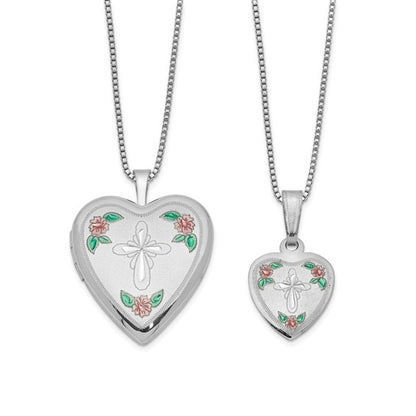 Sterling Silver Cross and Flowers Enameled Mother and 14in Daughter Locket/Pendant Necklace Set