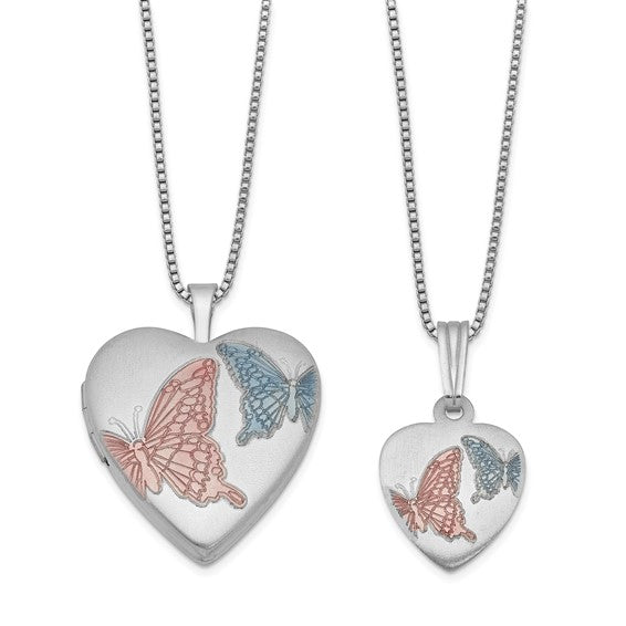 Sterling Silver Rhodium-plated Satin Enameled Butterflies Heart 18in Locket Necklace and 14in Pendant Necklace Set