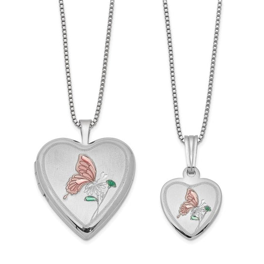 Sterling Silver Rhodium-plated Polished and Satin Enameled Butterfly Heart 18in Locket Necklace and 14in Pendant Necklace Set