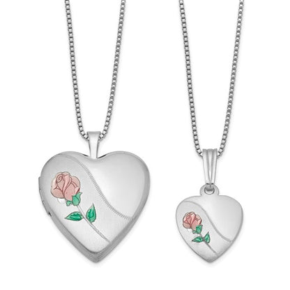 Sterling Silver Rhodium-plated Polished and Satin Enameled Rose Heart Mother and Daughter Locket and Pendant Necklace Set
