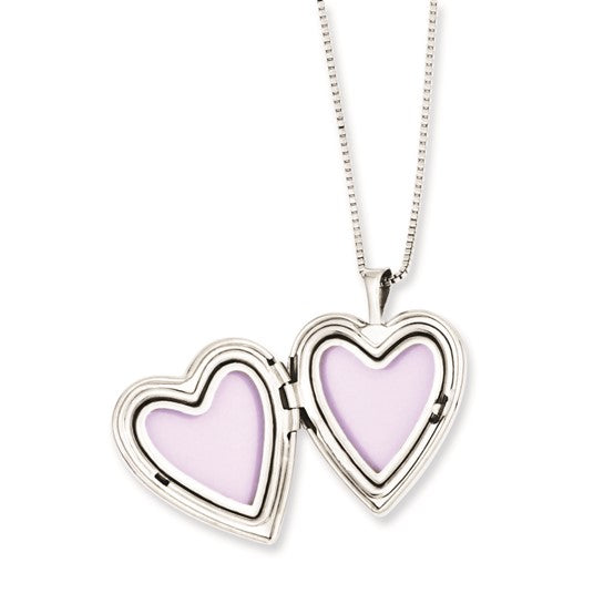 Sterling Silver Rhodium-plated Polished and Satin Heart 18in Locket Necklace and 14in Pendant Necklace Set