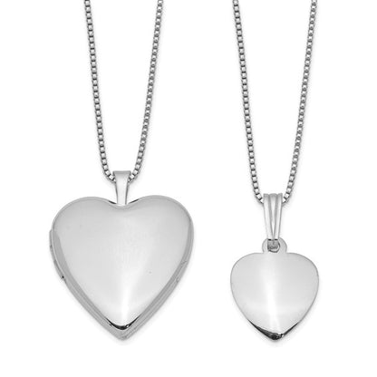 Sterling Silver Rhodium-plated Polished and Satin Heart 18in Locket Necklace and 14in Pendant Necklace Set