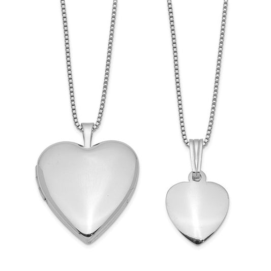 Sterling Silver Rhodium-plated Polished and Satin Heart 18in Locket Necklace and 14in Pendant Necklace Set