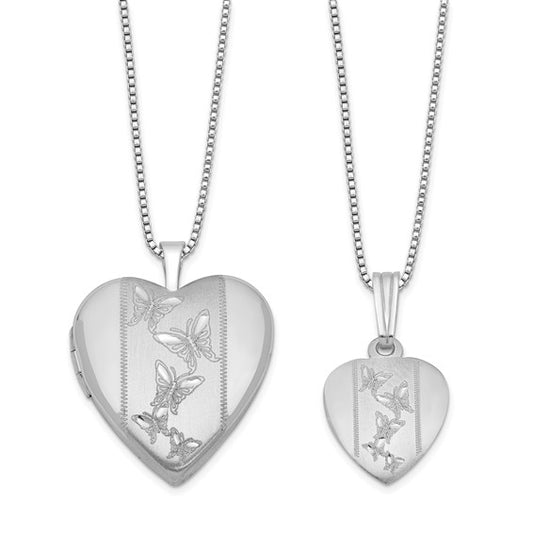 Sterling Silver Rhodium-plated Polished and Satin Butterfly Heart 18in Locket Necklace and 14in Pendant Necklace Set