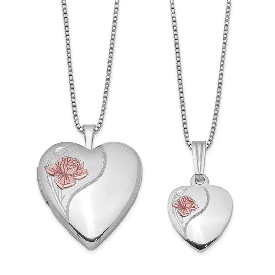 Sterling Silver Rhodium-plated Polished/Satin Enameled Rose Heart 18in Locket Necklace and 14in Pendant Necklace Set