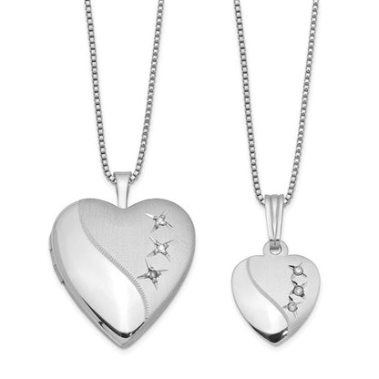 Sterling Silver Rhodium-plated Diamond Polished and Satin Heart 18in Locket Necklace and 14in Pendant Necklace Set