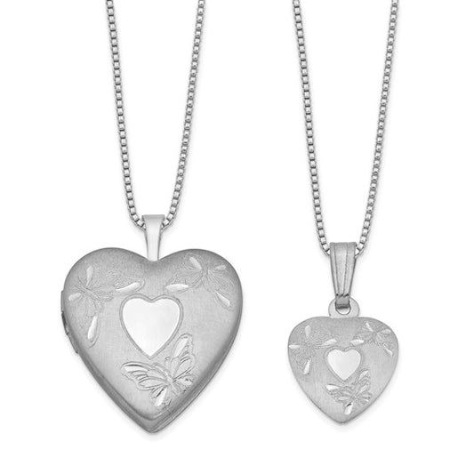 Sterling Silver Rhodium-plated Polished and satin Butterfly Heart 18in Locket Necklace and 14in Pendant Necklace Set