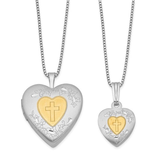 Sterling Silver Rhodium and Gold-plated Polished and Satin Diamond Mom Locket 18in Necklace/ Daughter Pendant 14in Cross Heart Necklace Set