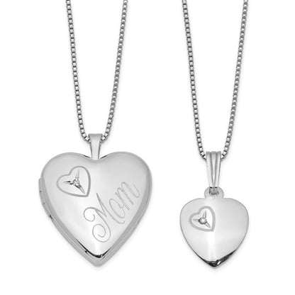 Sterling Silver Rhodium-plated Polished Diamond Heart 18in Mom Locket Necklace and 14in Heart Pendant Necklace Set