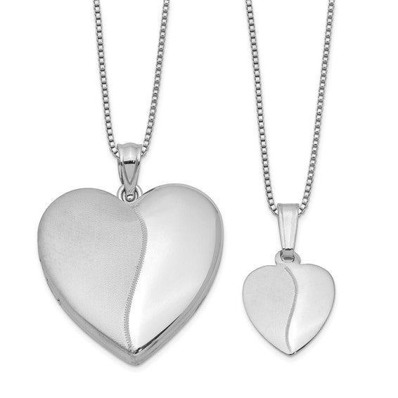 Sterling Silver RH-plated Pol and Satin Heart Locket and Pendant Necklace Set