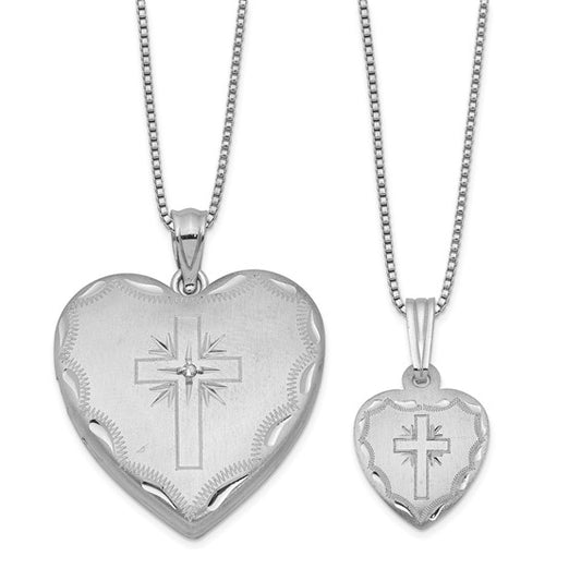 Sterling Silver Rhodium-plated Satin D/C 18in Diamond Cross Heart Locket Necklace and 14in Cross Heart Pendant Necklace Set