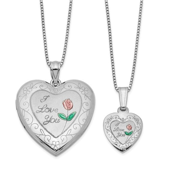 Sterling Silver Rhodium-plated Enameled Polished/Satin Rose I Love You Heart Mom 18in Locket and Daughter 14in Pendant Necklace Set