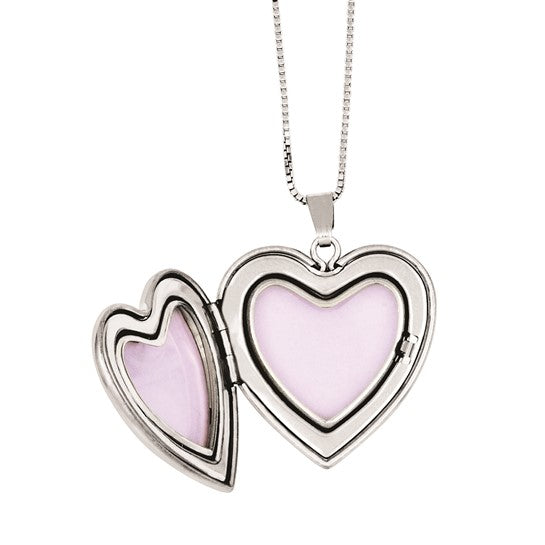 Sterling Silver RH-plated Diamond Pol/Satin Heart Locket and Pendant Set