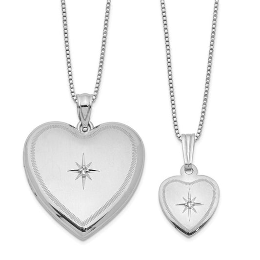 Sterling Silver RH-plated Diamond Pol/Satin Heart Locket and Pendant Set