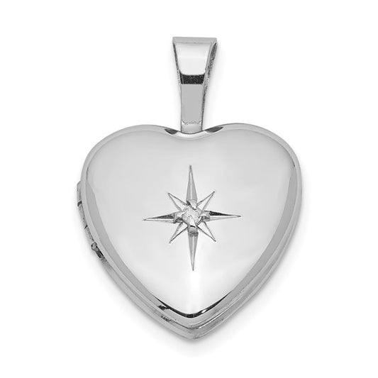 Sterling Silver Rhodium-plated and Diamond Star Polished 12mm Heart Locket