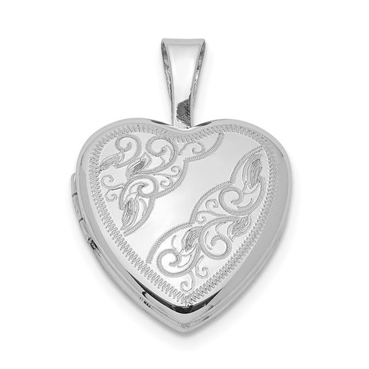 Sterling Silver Rhodium-plated Side Swirls 12mm Heart Locket