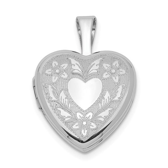 Sterling Silver Rhodium-plated Floral Heart Wings 12mm Heart Locket