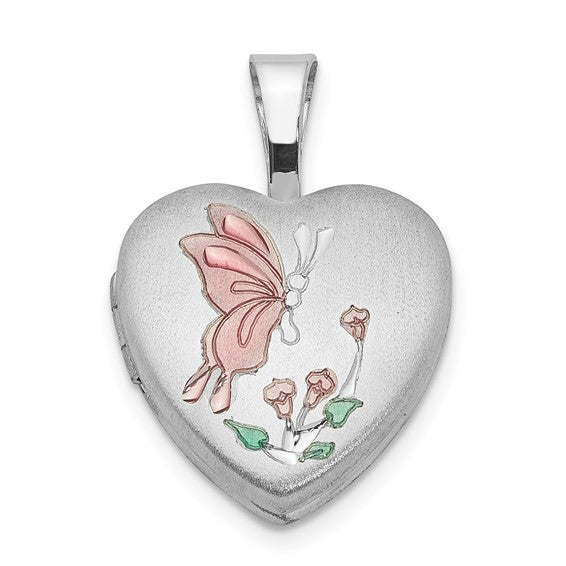 Sterling Silver Rhodium-plated Enamel Butterfly Flowers 12mm Heart Locket