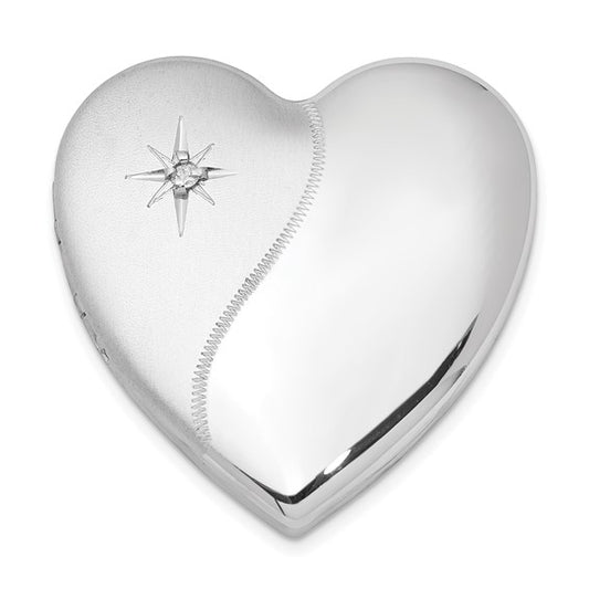 Sterling Silver RH-plated Satin/Polish Diamond 4 Photo Family Heart Locket