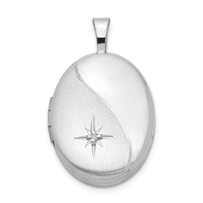 Sterling Silver Rhodium-plated 19mm Diamond Polished/Satin Star Oval Locket