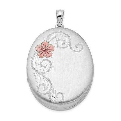 Sterling Silver Rhodium-plated Satin and Enameled Floral 34mm Oval Locket