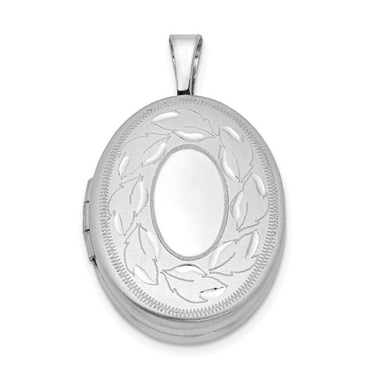 Sterling Silver Rhod-plated Polished and Satin Leaf Border 19mm Oval Locket