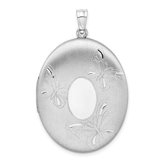 Sterling Silver Rhodium-plated Satin/Polished Butterfly 34mm Oval Locket