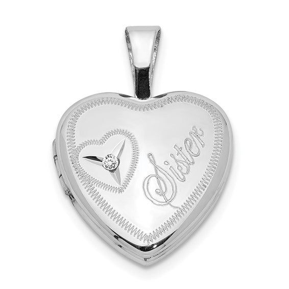 Sterling Silver Rhodium-plated and Diamond Sister Heart 12mm Heart Locket