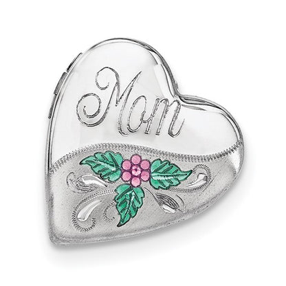 Sterling Silver Rhodium-plated Mom with Enamel Flower 20mm Falling Heart Locke