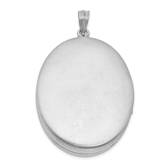 Sterling Silver Rhod-plated Satin and Polished Enamel Rose 34mm Oval Locket