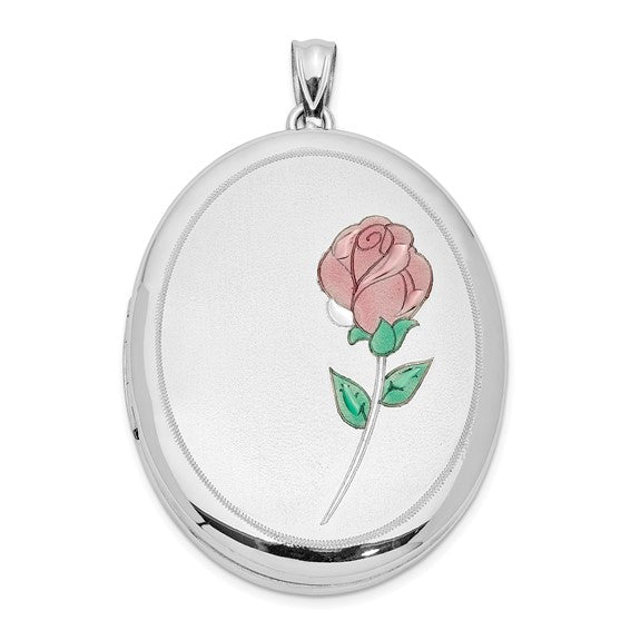 Sterling Silver Rhod-plated Satin and Polished Enamel Rose 34mm Oval Locket