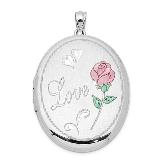 Sterling Silver Rhod-plated Satin Love with Enameled Rose 34mm Oval Locket