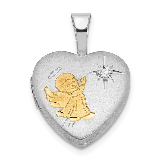 Sterling Silver Rhodium and Gold-plated and Diamond Angel 12mm Heart Locket