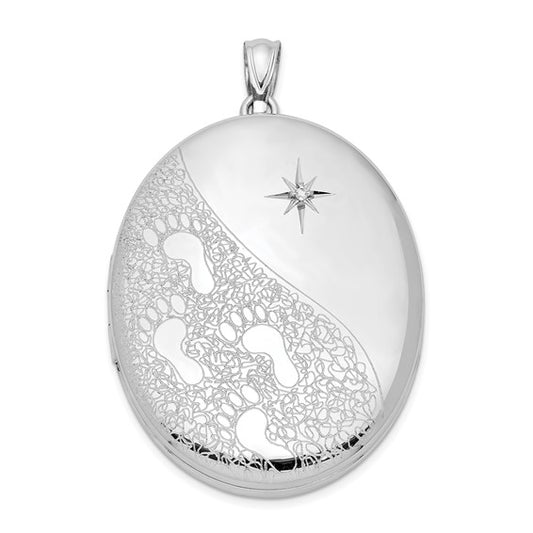 Sterling Silver Rhodium-plated and Diamond Footprints 34mm Oval Locket