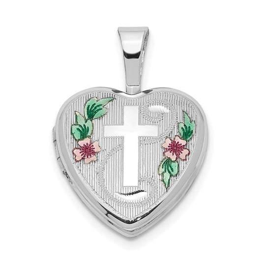 Sterling Silver Rhodium-plated Cross with Enamel Flowers 12mm Heart Locket