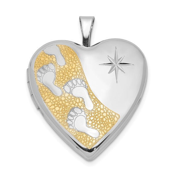 Sterling Silver Rhodium and Gold-plated Footprints 20mm Heart Locket